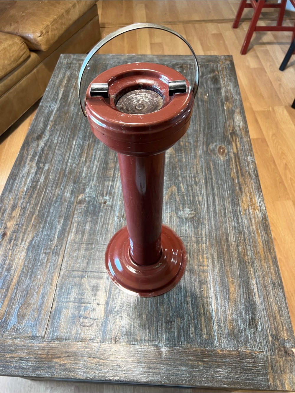 Vintage Art Deco Floor Standing Metal Ashtray in Deep Red- Trap Door Mechanism